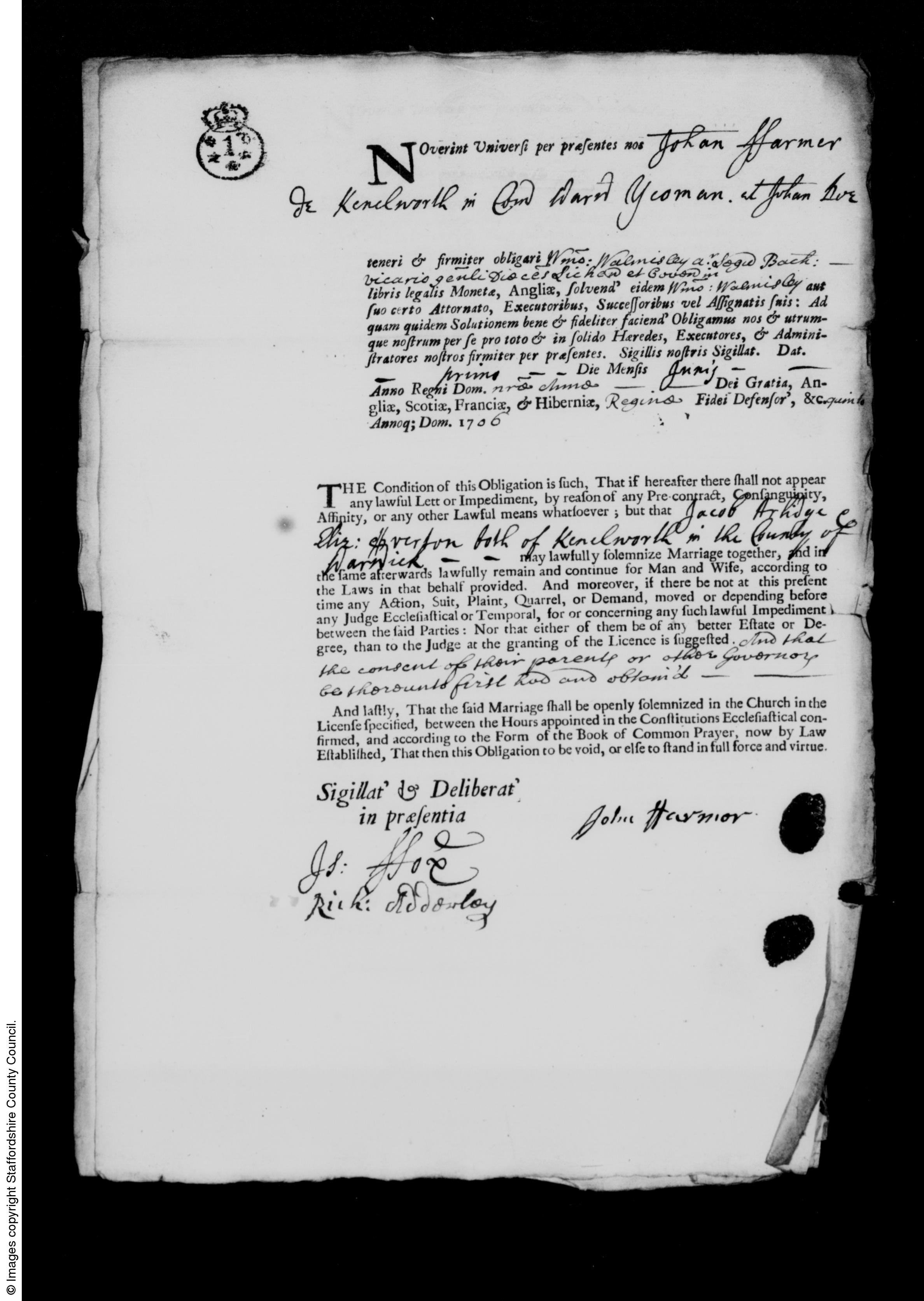 Jacob and Elizabeth's marriage bond 1706